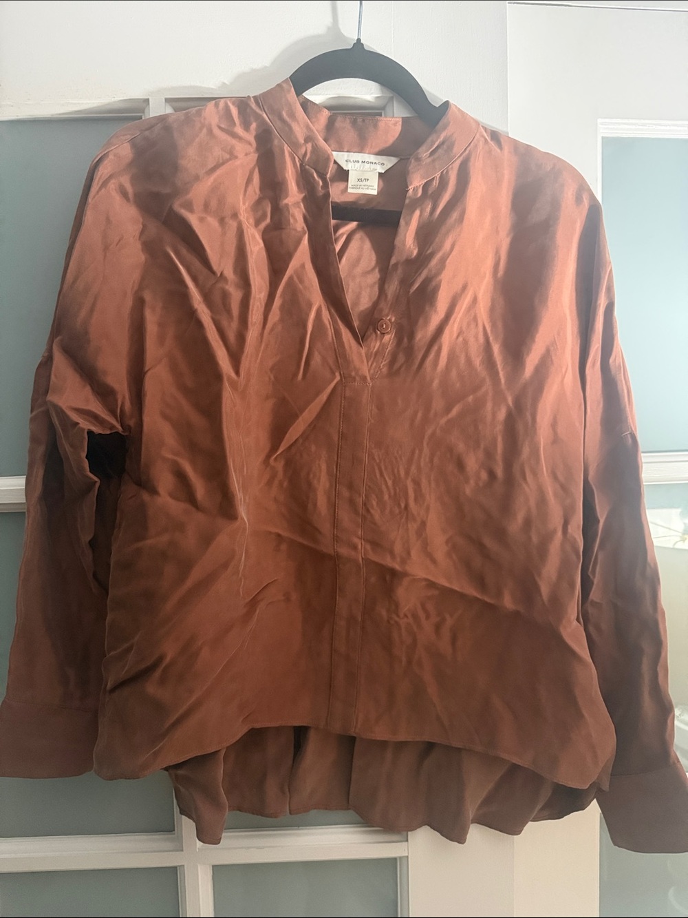 Club Monaco Copper Brown Satin Button-Down Blouse
